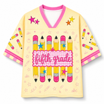 ChaoticClub preppy mesh jersey third grade version showing pencil and school themed illustrations with gingham stripe background