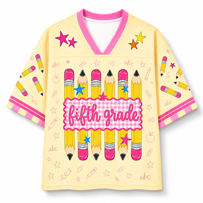 ChaoticClub preppy mesh jersey third grade version showing pencil and school themed illustrations with gingham stripe background