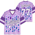 Front and back views of the purple ChaoticClub Personalized Mascot School Spirit Striped Mesh Jersey, showcasing the script "Wildcats" graphic on the front and custom number "77" personalization on the back