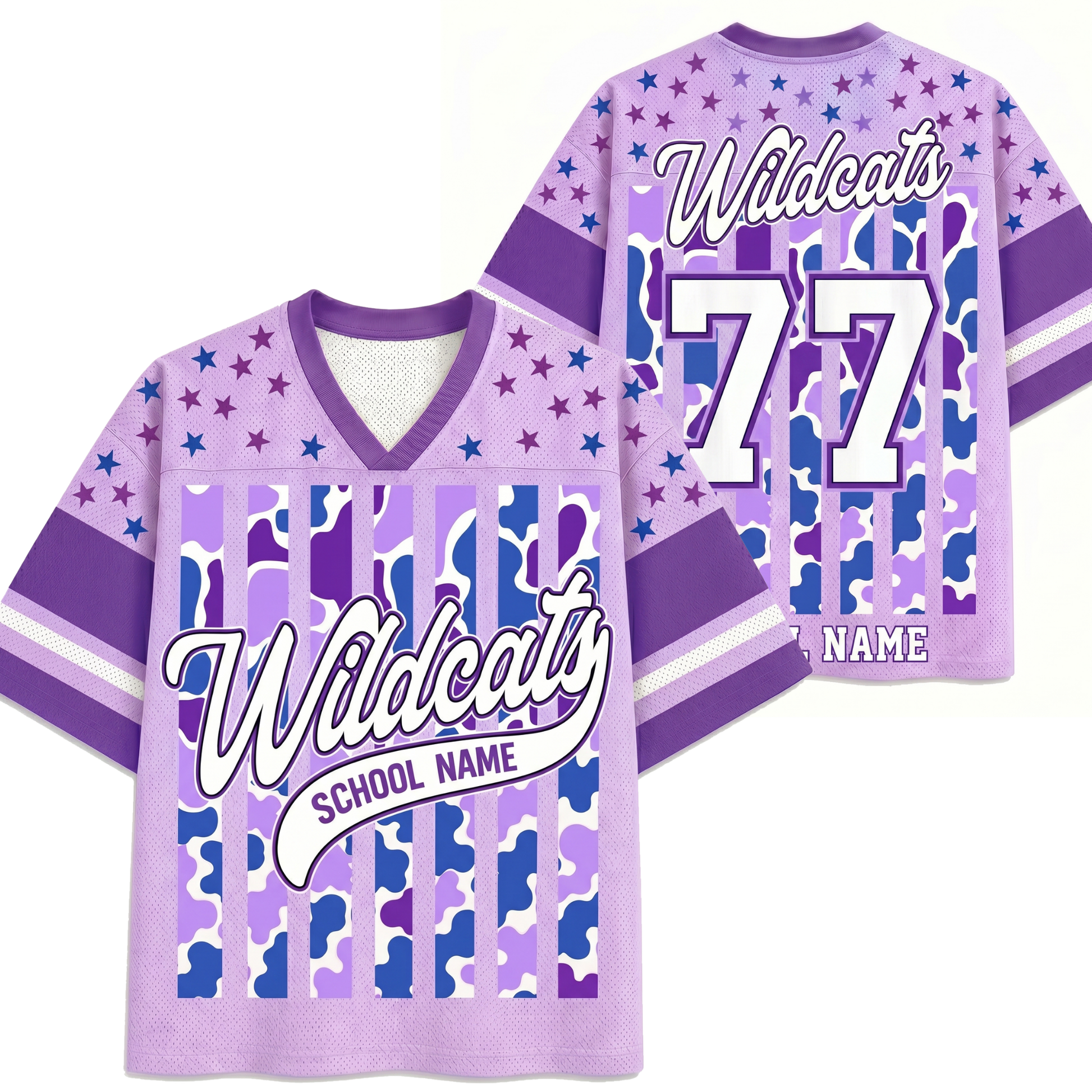 Front and back views of the purple ChaoticClub Personalized Mascot School Spirit Striped Mesh Jersey, showcasing the script "Wildcats" graphic on the front and custom number "77" personalization on the back