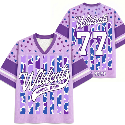 Front and back views of the purple ChaoticClub Personalized Mascot School Spirit Striped Mesh Jersey, showcasing the script "Wildcats" graphic on the front and custom number "77" personalization on the back