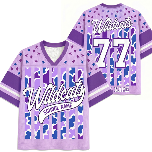 Front and back views of the purple ChaoticClub Personalized Mascot School Spirit Striped Mesh Jersey, showcasing the script "Wildcats" graphic on the front and custom number "77" personalization on the back