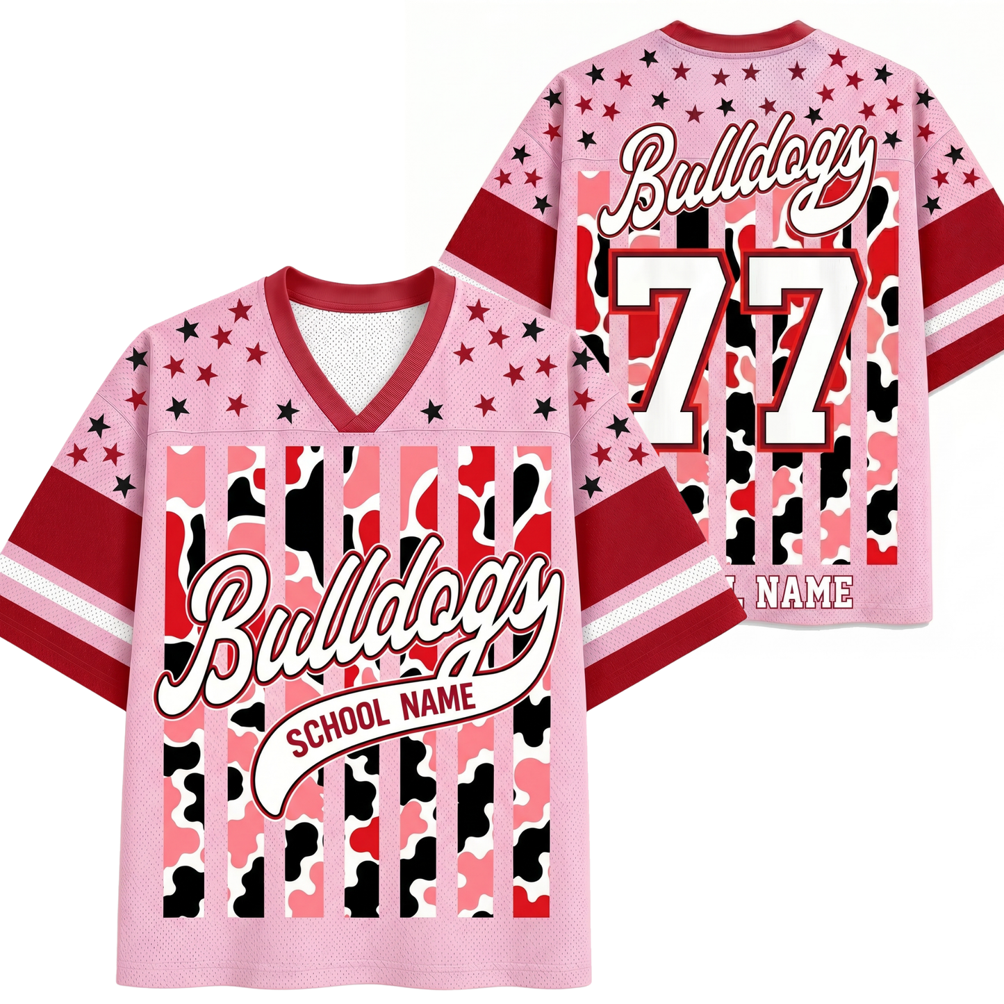 Front and back views of the red ChaoticClub Personalized Mascot School Spirit Striped Mesh Jersey, showcasing the script "Bulldogs" graphic on the front and custom number "77" personalization on the back