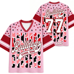 Front and back views of the red ChaoticClub Personalized Mascot School Spirit Striped Mesh Jersey, showcasing the script "Bulldogs" graphic on the front and custom number "77" personalization on the back