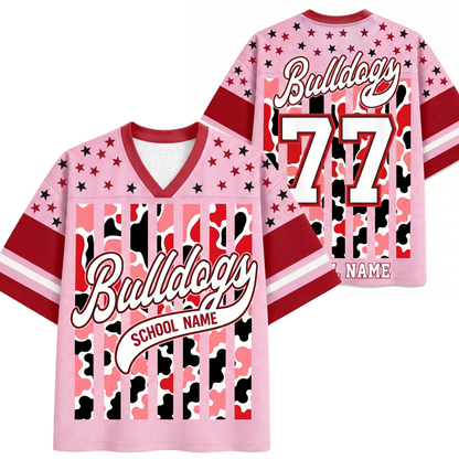 Front and back views of the red ChaoticClub Personalized Mascot School Spirit Striped Mesh Jersey, showcasing the script "Bulldogs" graphic on the front and custom number "77" personalization on the back
