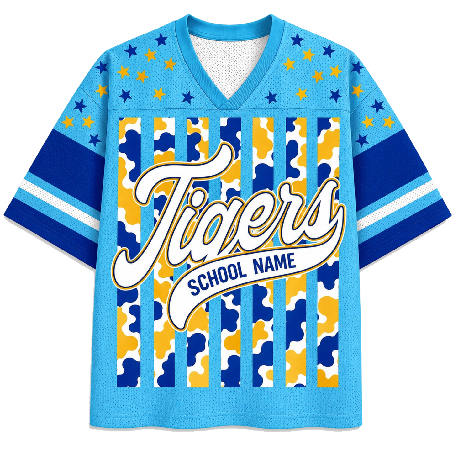 Front view of the light blue ChaoticClub Personalized Mascot School Spirit Striped Mesh Jersey, featuring large cursive "Tigers" text above a customizable "SCHOOL NAME" banner over a vertical cowprint striped pattern