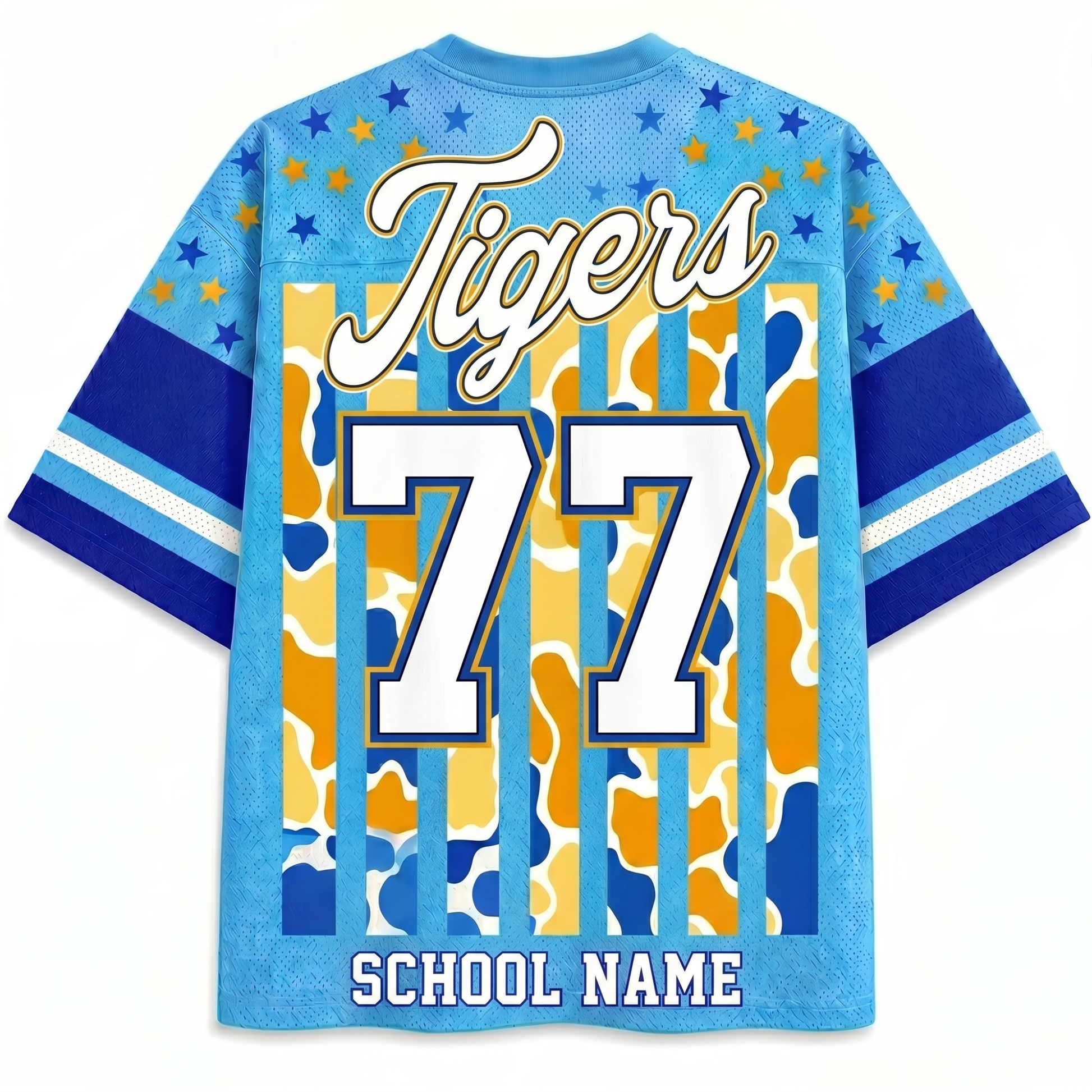 Back view of the ChaoticClub Personalized Mascot School Spirit Striped Mesh Jersey, displaying "Tigers" text, a large custom varsity number "77", and a customizable "SCHOOL NAME" text at the bottom hem