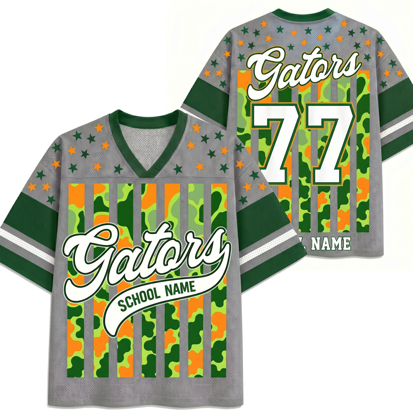 Front and back views of the gray ChaoticClub Personalized Mascot School Spirit Striped Mesh Jersey, showcasing the script "Gators" graphic on the front and custom number "77" personalization on the back