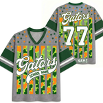 Front and back views of the gray ChaoticClub Personalized Mascot School Spirit Striped Mesh Jersey, showcasing the script "Gators" graphic on the front and custom number "77" personalization on the back