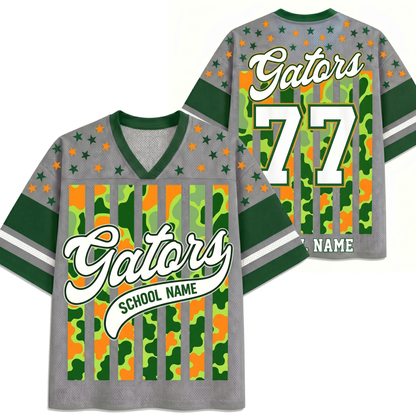 Front and back views of the gray ChaoticClub Personalized Mascot School Spirit Striped Mesh Jersey, showcasing the script "Gators" graphic on the front and custom number "77" personalization on the back