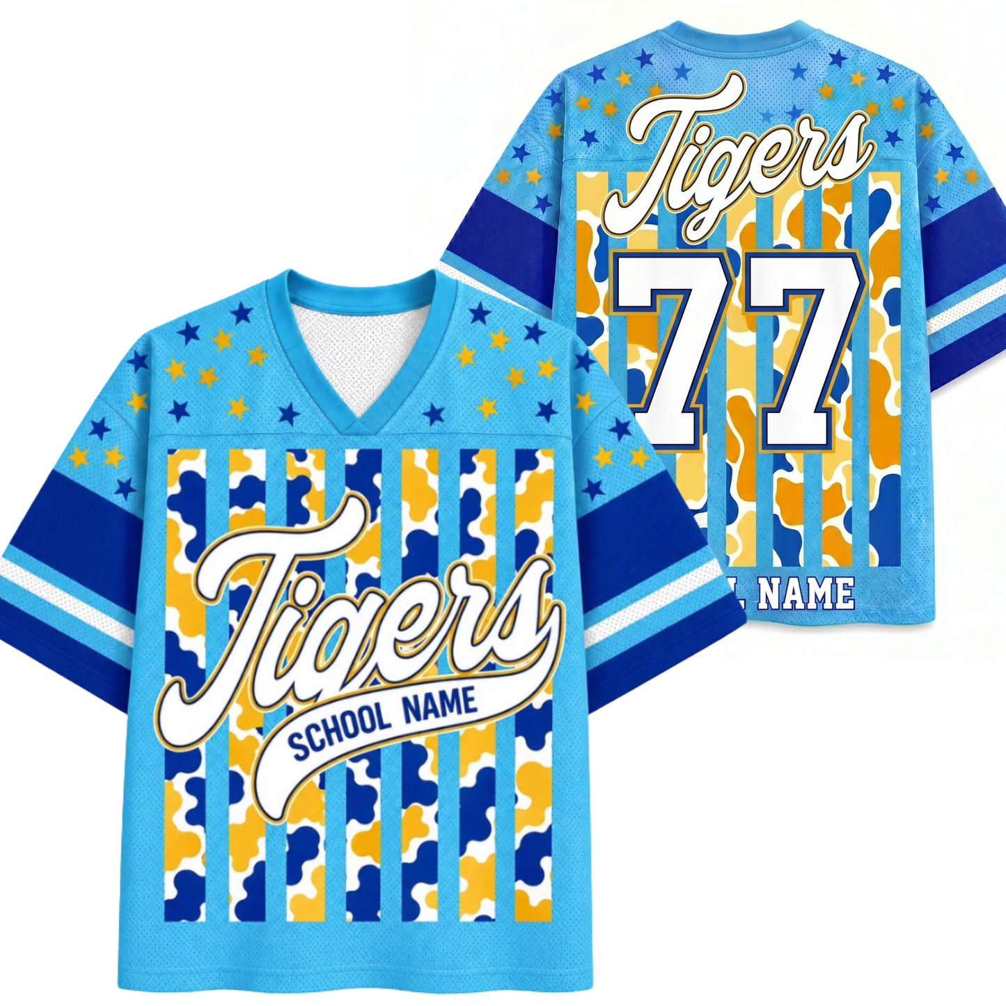 Front and back views of the blue ChaoticClub Personalized Mascot School Spirit Striped Mesh Jersey, showcasing the script "Tigers" graphic on the front and custom number "77" personalization on the back