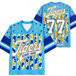 Front and back views of the blue ChaoticClub Personalized Mascot School Spirit Striped Mesh Jersey, showcasing the script "Tigers" graphic on the front and custom number "77" personalization on the back