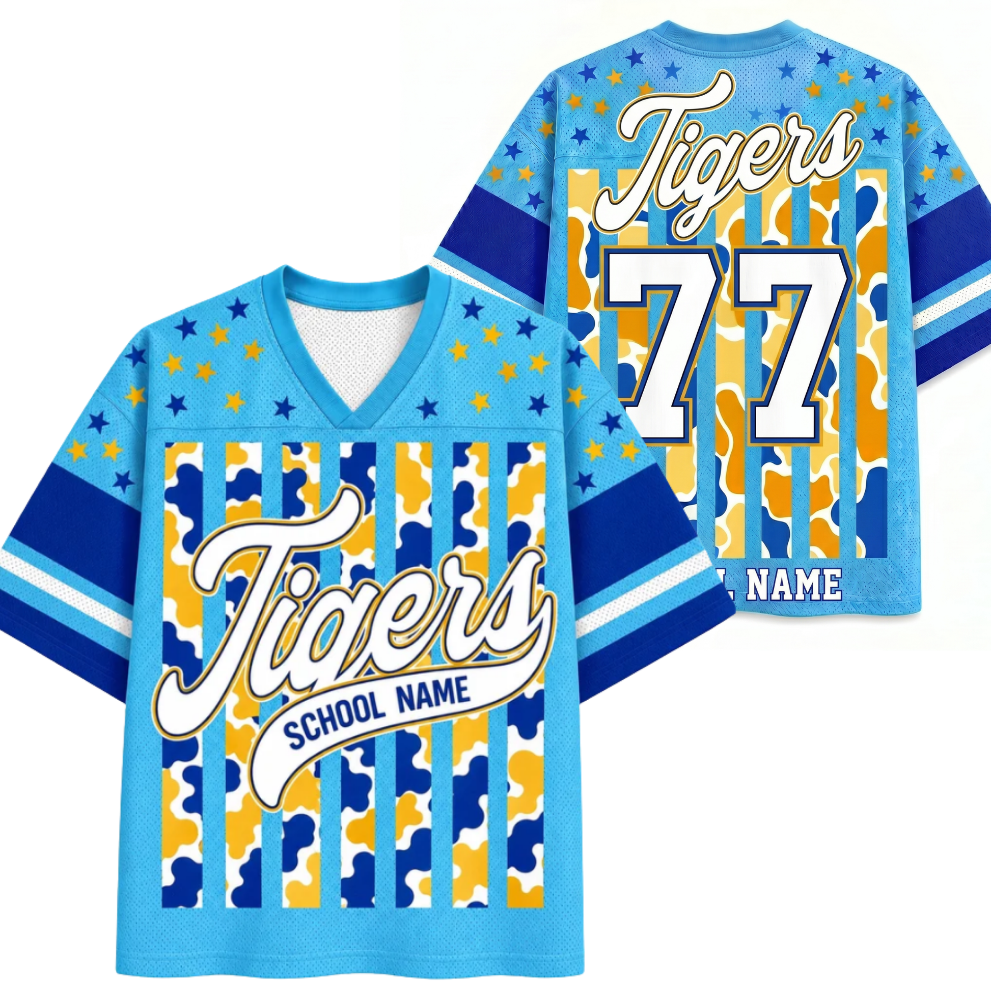 Front and back views of the blue ChaoticClub Personalized Mascot School Spirit Striped Mesh Jersey, showcasing the script "Tigers" graphic on the front and custom number "77" personalization on the back