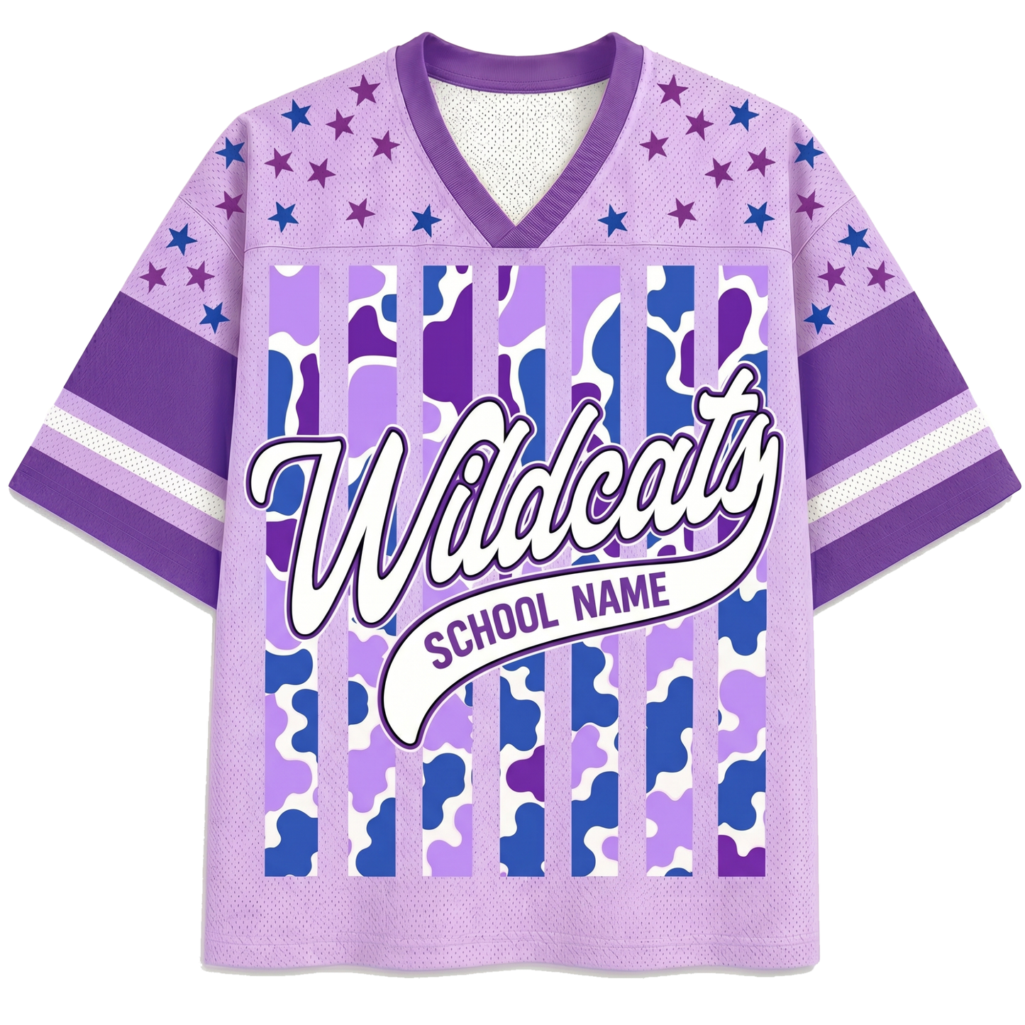 Front view of the light purple ChaoticClub Personalized Mascot School Spirit Striped Mesh Jersey, featuring large cursive "Wildcats" text above a customizable "SCHOOL NAME" banner over a vertical cowprint striped pattern