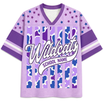 Front view of the light purple ChaoticClub Personalized Mascot School Spirit Striped Mesh Jersey, featuring large cursive "Wildcats" text above a customizable "SCHOOL NAME" banner over a vertical cowprint striped pattern