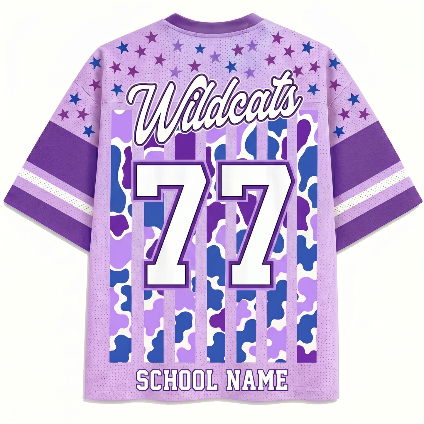 Back view of the ChaoticClub Personalized Mascot School Spirit Striped Mesh Jersey, displaying "Wildcats" text, a large custom varsity number "77", and a customizable "SCHOOL NAME" text at the bottom hem.