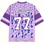 Back view of the ChaoticClub Personalized Mascot School Spirit Striped Mesh Jersey, displaying "Wildcats" text, a large custom varsity number "77", and a customizable "SCHOOL NAME" text at the bottom hem.