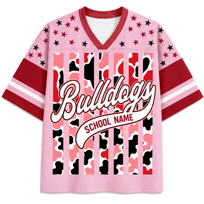 Front view of the light red ChaoticClub Personalized Mascot School Spirit Striped Mesh Jersey, featuring large cursive "Bulldogs" text above a customizable "SCHOOL NAME" banner over a vertical cowprint striped pattern.