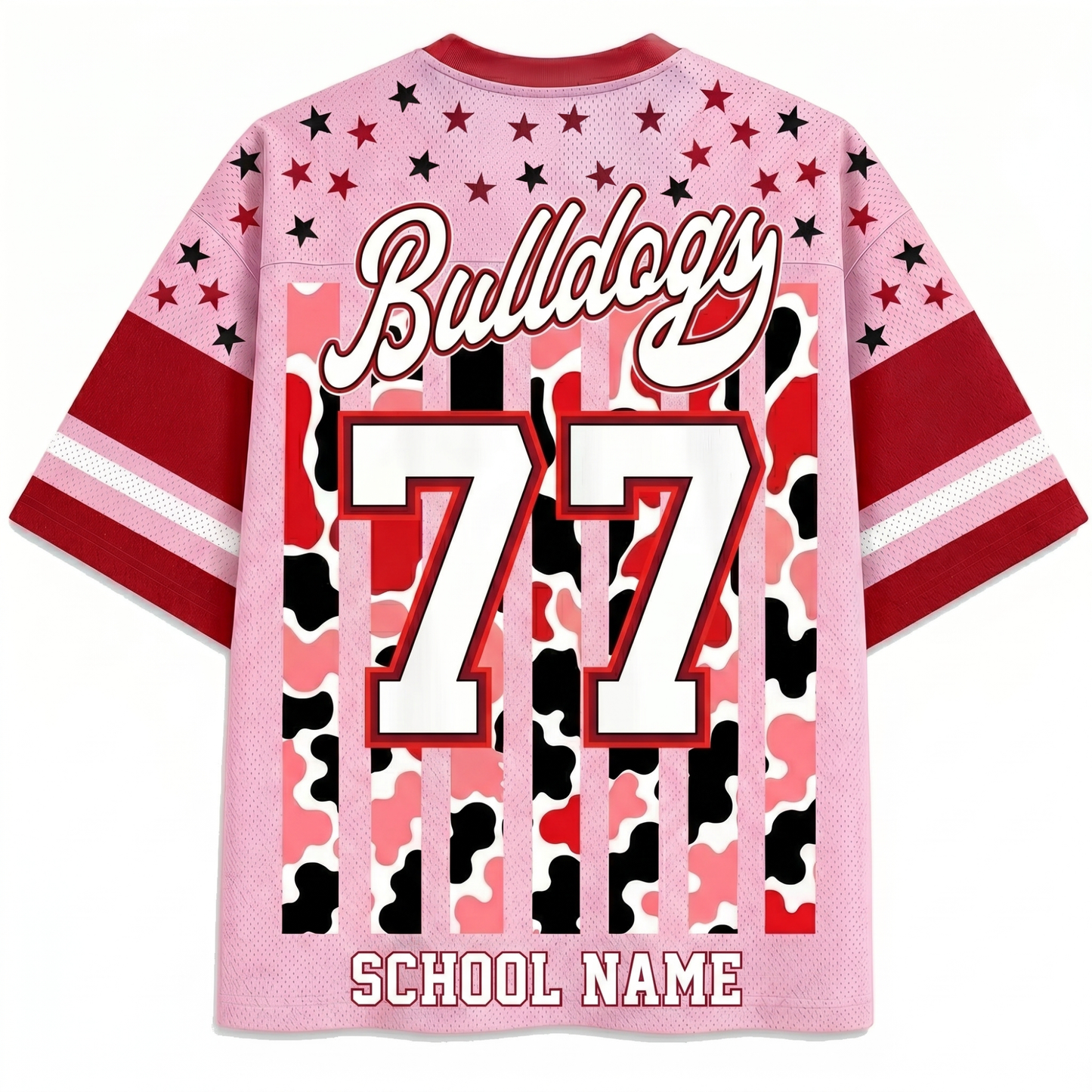Back view of the ChaoticClub Personalized Mascot School Spirit Striped Mesh Jersey, displaying "Bulldogs" text, a large custom varsity number "77", and a customizable "SCHOOL NAME" text at the bottom hem.