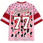 Back view of the ChaoticClub Personalized Mascot School Spirit Striped Mesh Jersey, displaying "Bulldogs" text, a large custom varsity number "77", and a customizable "SCHOOL NAME" text at the bottom hem.