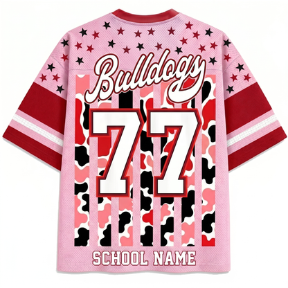 Back view of the ChaoticClub Personalized Mascot School Spirit Striped Mesh Jersey, displaying "Bulldogs" text, a large custom varsity number "77", and a customizable "SCHOOL NAME" text at the bottom hem.
