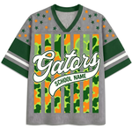 Front view of the light gray ChaoticClub Personalized Mascot School Spirit Striped Mesh Jersey, featuring large cursive "Gators" text above a customizable "SCHOOL NAME" banner over a vertical cowprint striped pattern