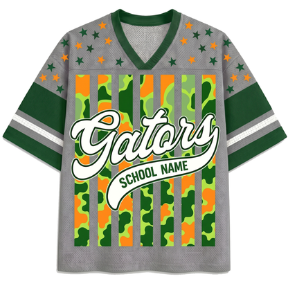 Front view of the light gray ChaoticClub Personalized Mascot School Spirit Striped Mesh Jersey, featuring large cursive "Gators" text above a customizable "SCHOOL NAME" banner over a vertical cowprint striped pattern