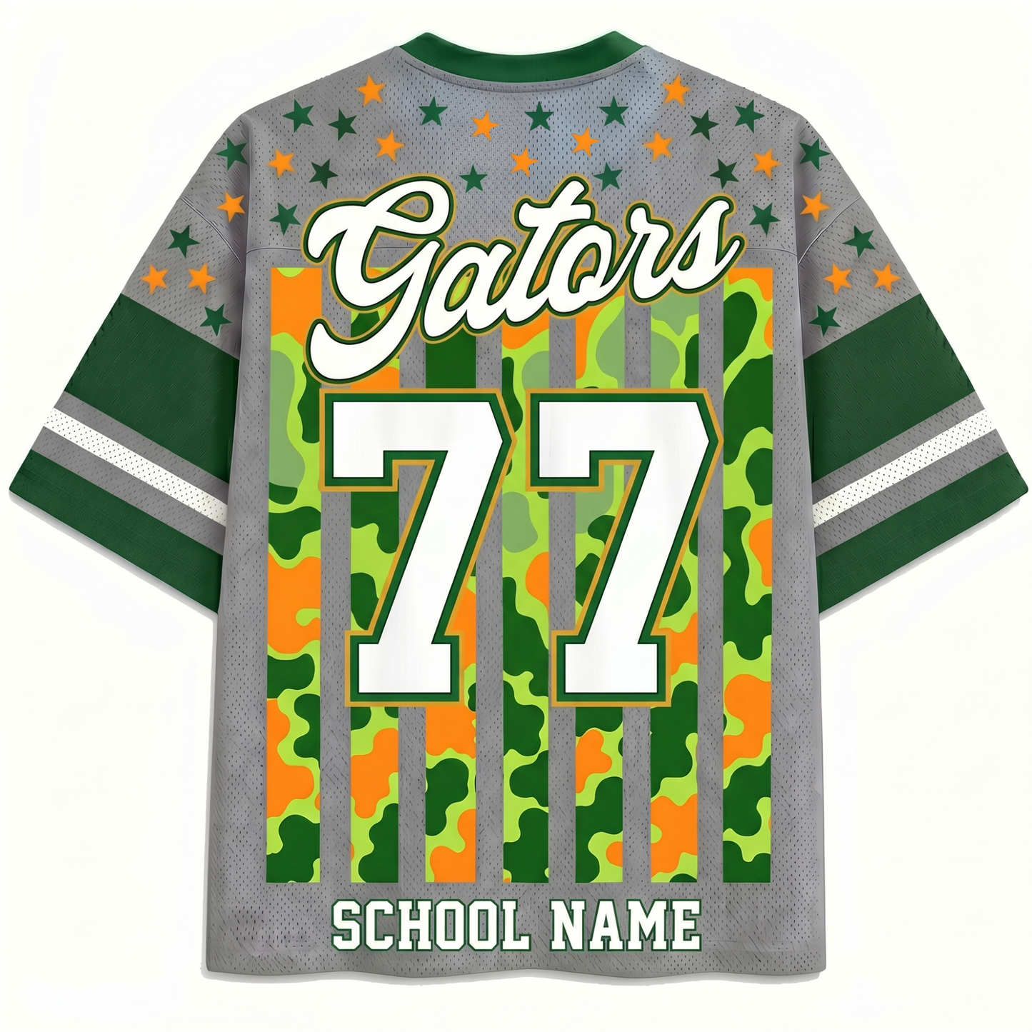 Back view of the ChaoticClub Personalized Mascot School Spirit Striped Mesh Jersey, displaying "Gators" text, a large custom varsity number "77", and a customizable "SCHOOL NAME" text at the bottom hem.