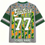 Back view of the ChaoticClub Personalized Mascot School Spirit Striped Mesh Jersey, displaying "Gators" text, a large custom varsity number "77", and a customizable "SCHOOL NAME" text at the bottom hem.