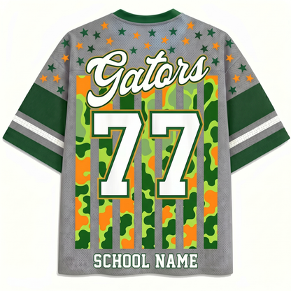 Back view of the ChaoticClub Personalized Mascot School Spirit Striped Mesh Jersey, displaying "Gators" text, a large custom varsity number "77", and a customizable "SCHOOL NAME" text at the bottom hem.