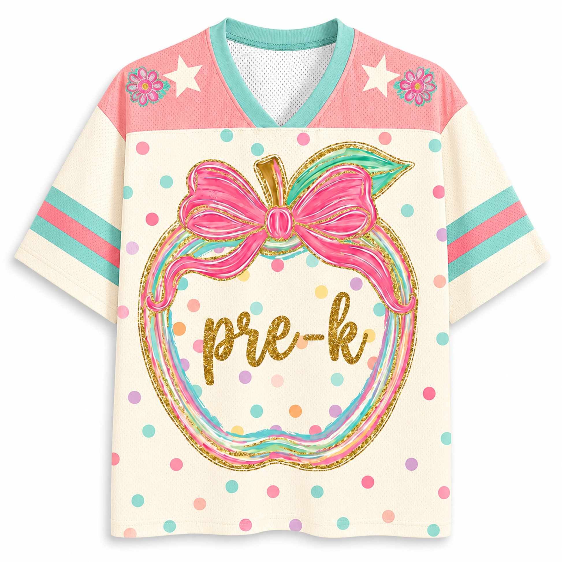 Front view of the ChaoticClub Preppy Back to School Teacher Apple Mesh Jersey, featuring a cute apple graphic with a pink bow, colorful polka dots, and gold glitter "pre-k" text.