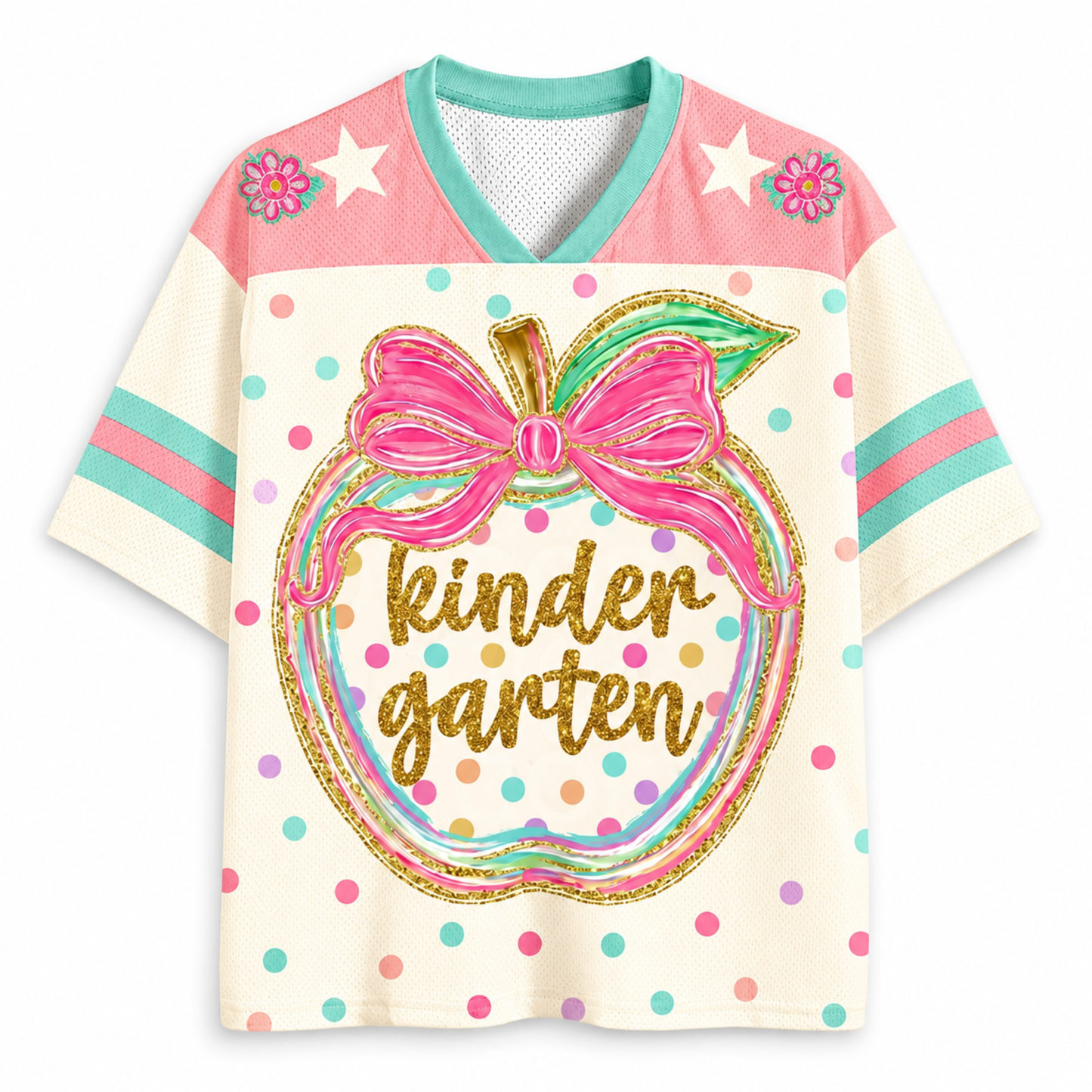 Front view of the ChaoticClub Preppy Back to School Teacher Apple Mesh Jersey, featuring a cute apple graphic with a pink bow, colorful polka dots, and gold glitter "kindergarten" text.