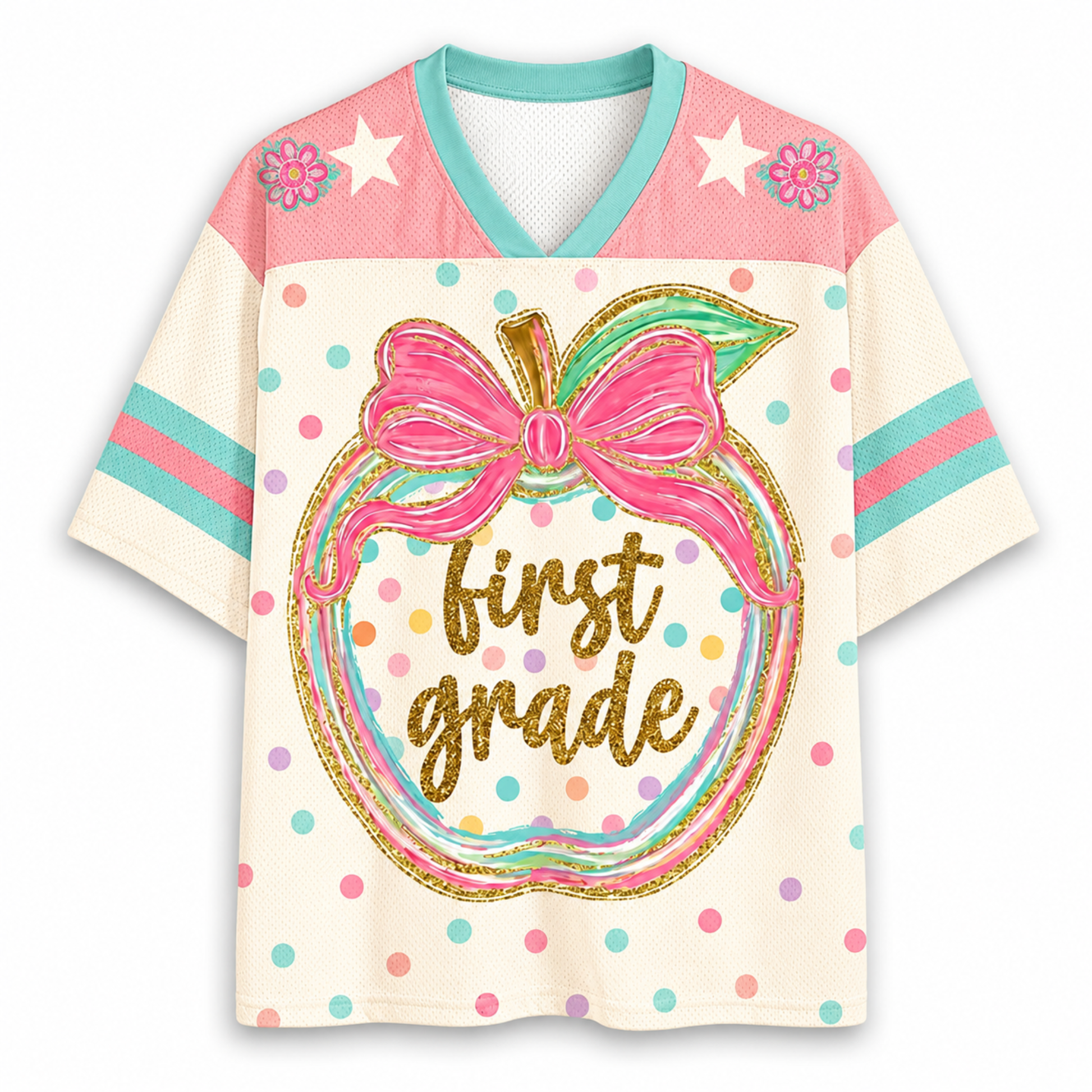 Front view of the ChaoticClub Preppy Back to School Teacher Apple Mesh Jersey, featuring a cute apple graphic with a pink bow, colorful polka dots, and gold glitter "first grade" text.