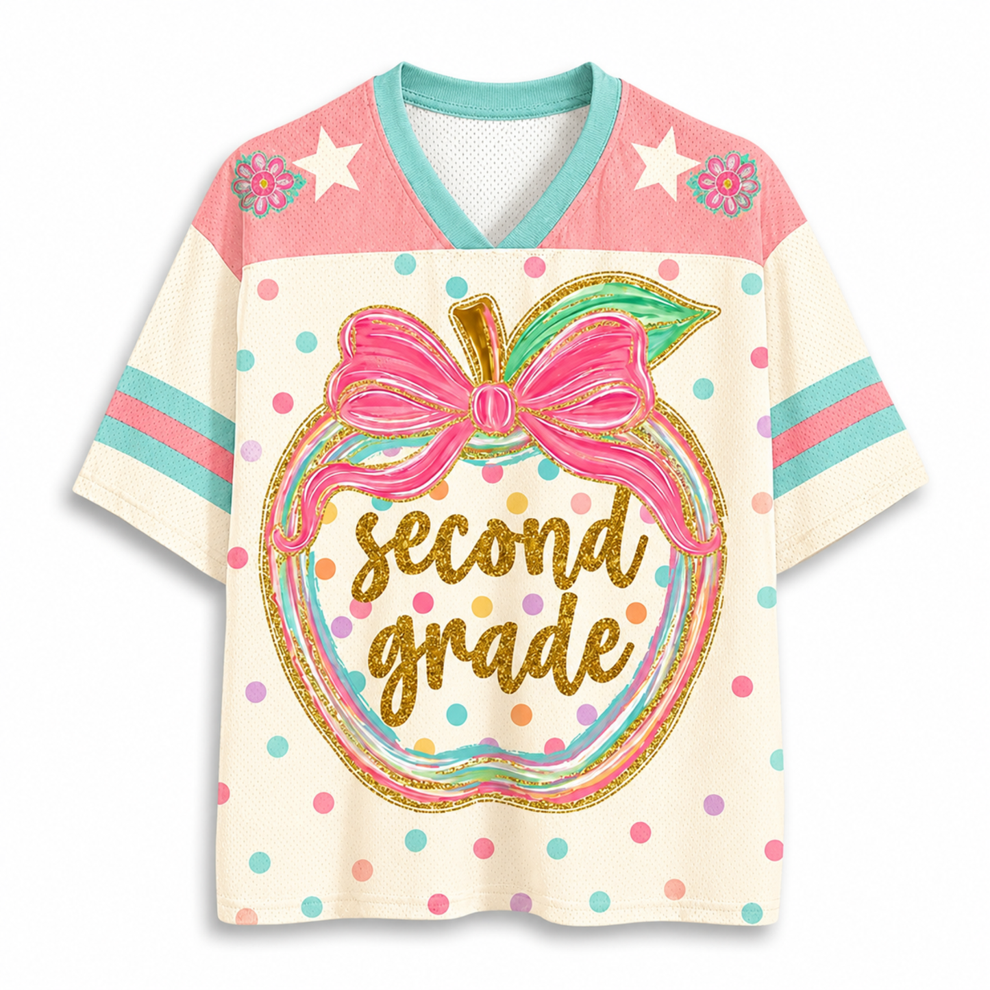 Front view of the ChaoticClub Preppy Back to School Teacher Apple Mesh Jersey, featuring a cute apple graphic with a pink bow, colorful polka dots, and gold glitter "second grade" text.