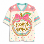 Front view of the ChaoticClub Preppy Back to School Teacher Apple Mesh Jersey, featuring a cute apple graphic with a pink bow, colorful polka dots, and gold glitter "second grade" text.