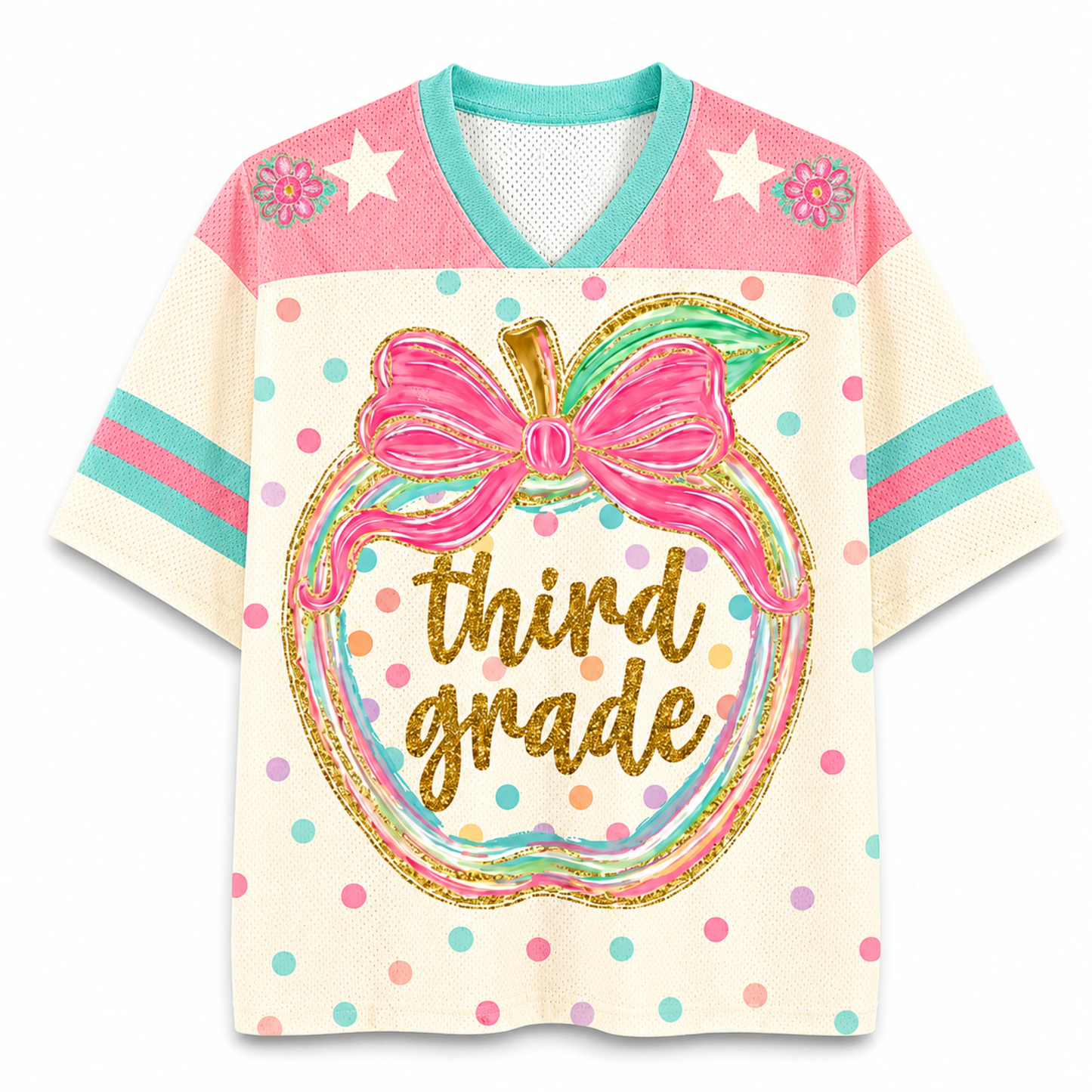 Front view of the ChaoticClub Preppy Back to School Teacher Apple Mesh Jersey, featuring a cute apple graphic with a pink bow, colorful polka dots, and gold glitter "third grade" text.