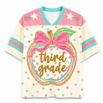 Front view of the ChaoticClub Preppy Back to School Teacher Apple Mesh Jersey, featuring a cute apple graphic with a pink bow, colorful polka dots, and gold glitter "third grade" text.