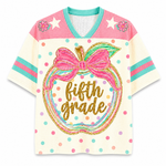 Front view of the ChaoticClub Preppy Back to School Teacher Apple Mesh Jersey, featuring a cute apple graphic with a pink bow, colorful polka dots, and gold glitter "fifth grade" text.