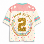 Back view of the ChaoticClub Preppy Back to School Teacher Apple Mesh Jersey, featuring a name can be customed and Number