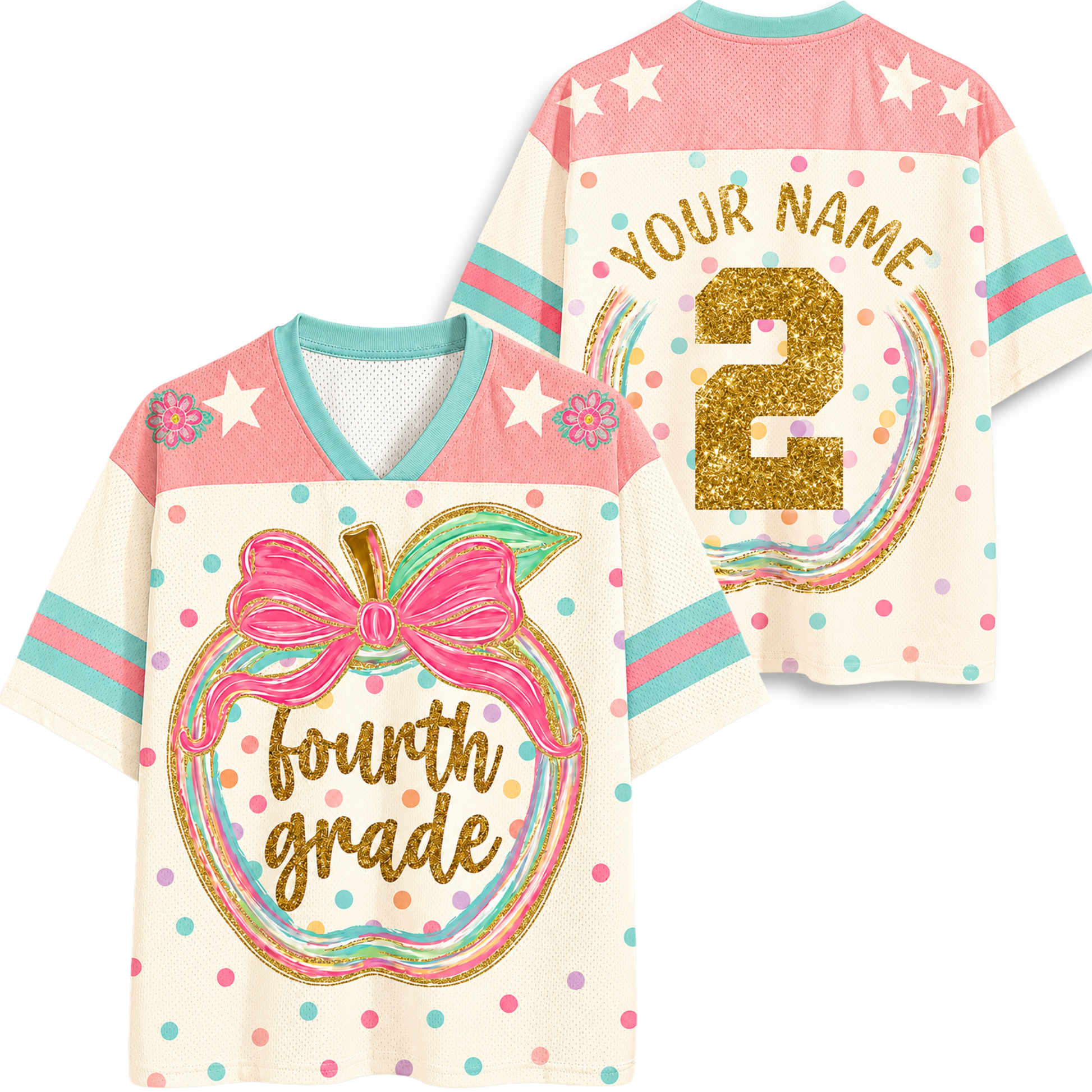 Front and back view of the ChaoticClub Preppy Back to School Teacher Apple Mesh Jersey, featuring a cute apple graphic with a pink bow, colorful polka dots, and gold glitter "fourth grade" text, custom Name and Number