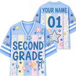 Front and back views of the light blue ChaoticClub Preppy School Grade Floral Pearl Striped Mesh Jersey, showcasing the patchwork "SECOND GRADE" graphic on the front and custom name personalization with a large number "01" on the back.