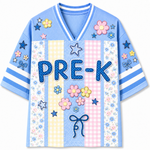 Front view of the light blue ChaoticClub Preppy School Grade Floral Pearl Striped Mesh Jersey, featuring bold dotted "PRE-K" text on a background of pastel yellow gingham, pink gingham, and floral stripes, decorated with cute flower and star graphics.