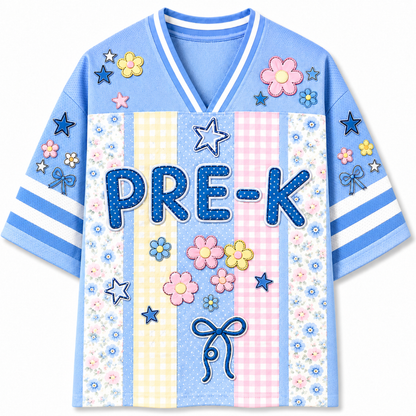 Front view of the light blue ChaoticClub Preppy School Grade Floral Pearl Striped Mesh Jersey, featuring bold dotted "PRE-K" text on a background of pastel yellow gingham, pink gingham, and floral stripes, decorated with cute flower and star graphics.