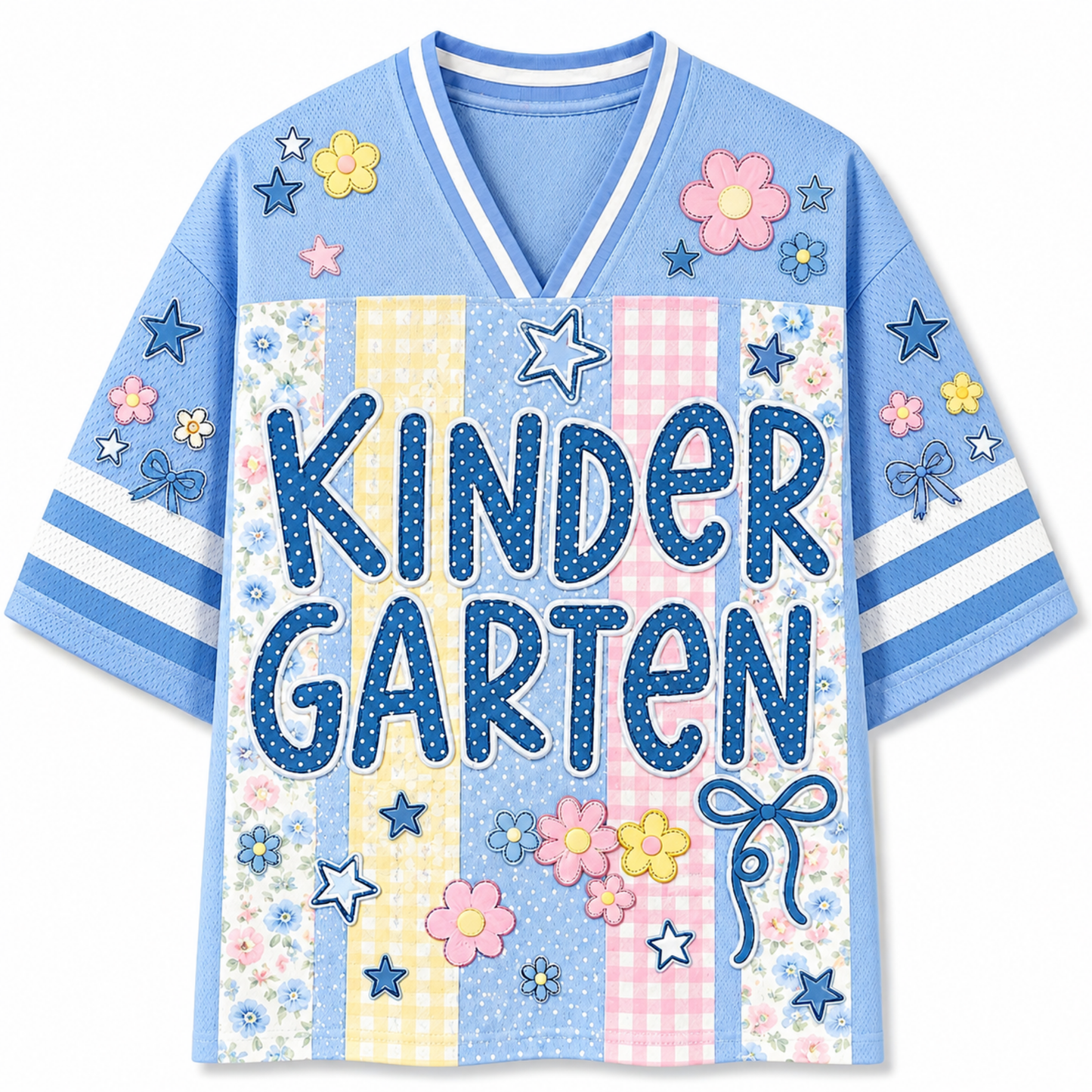 Front view of the light blue ChaoticClub Preppy School Grade Floral Pearl Striped Mesh Jersey, featuring bold dotted "KINDERGARTEN" text on a background of pastel yellow gingham, pink gingham, and floral stripes, decorated with cute flower and star graphics.