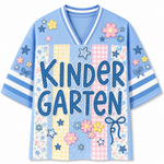 Front view of the light blue ChaoticClub Preppy School Grade Floral Pearl Striped Mesh Jersey, featuring bold dotted "KINDERGARTEN" text on a background of pastel yellow gingham, pink gingham, and floral stripes, decorated with cute flower and star graphics.
