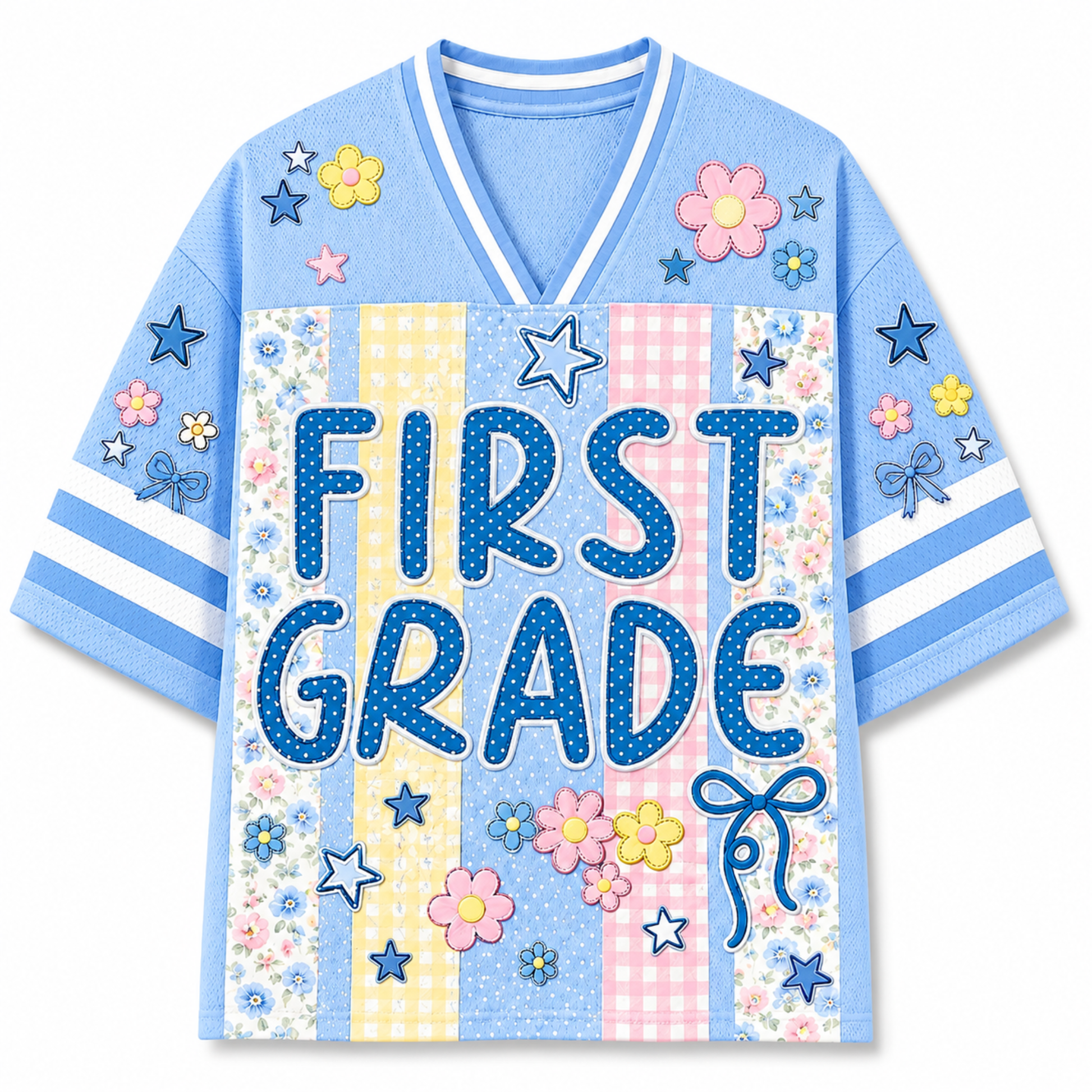 Front view of the light blue ChaoticClub Preppy School Grade Floral Pearl Striped Mesh Jersey, featuring bold dotted "FIRST GRADE" text on a background of pastel yellow gingham, pink gingham, and floral stripes, decorated with cute flower and star graphics.