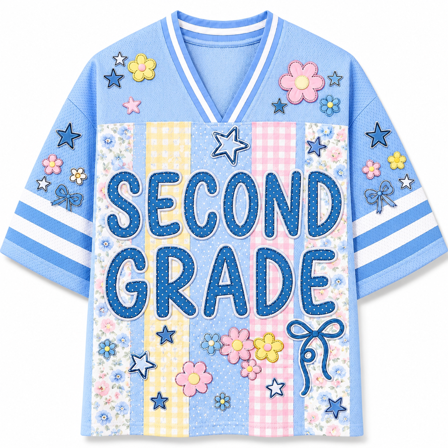 Front view of the light blue ChaoticClub Preppy School Grade Floral Pearl Striped Mesh Jersey, featuring bold dotted "SECOND GRADE" text on a background of pastel yellow gingham, pink gingham, and floral stripes, decorated with cute flower and star graphics.