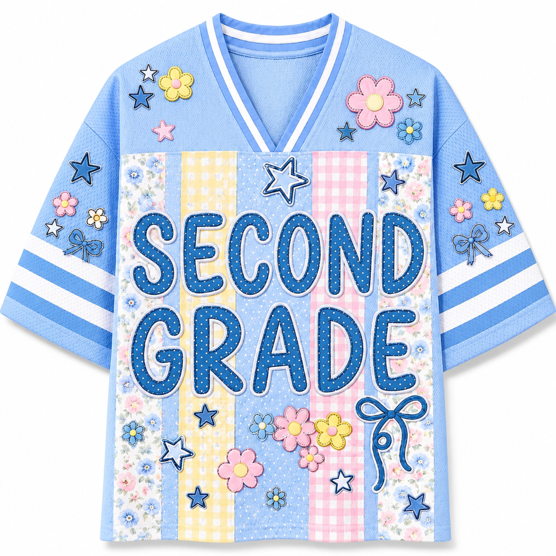 Front view of the light blue ChaoticClub Preppy School Grade Floral Pearl Striped Mesh Jersey, featuring bold dotted "SECOND GRADE" text on a background of pastel yellow gingham, pink gingham, and floral stripes, decorated with cute flower and star graphics.