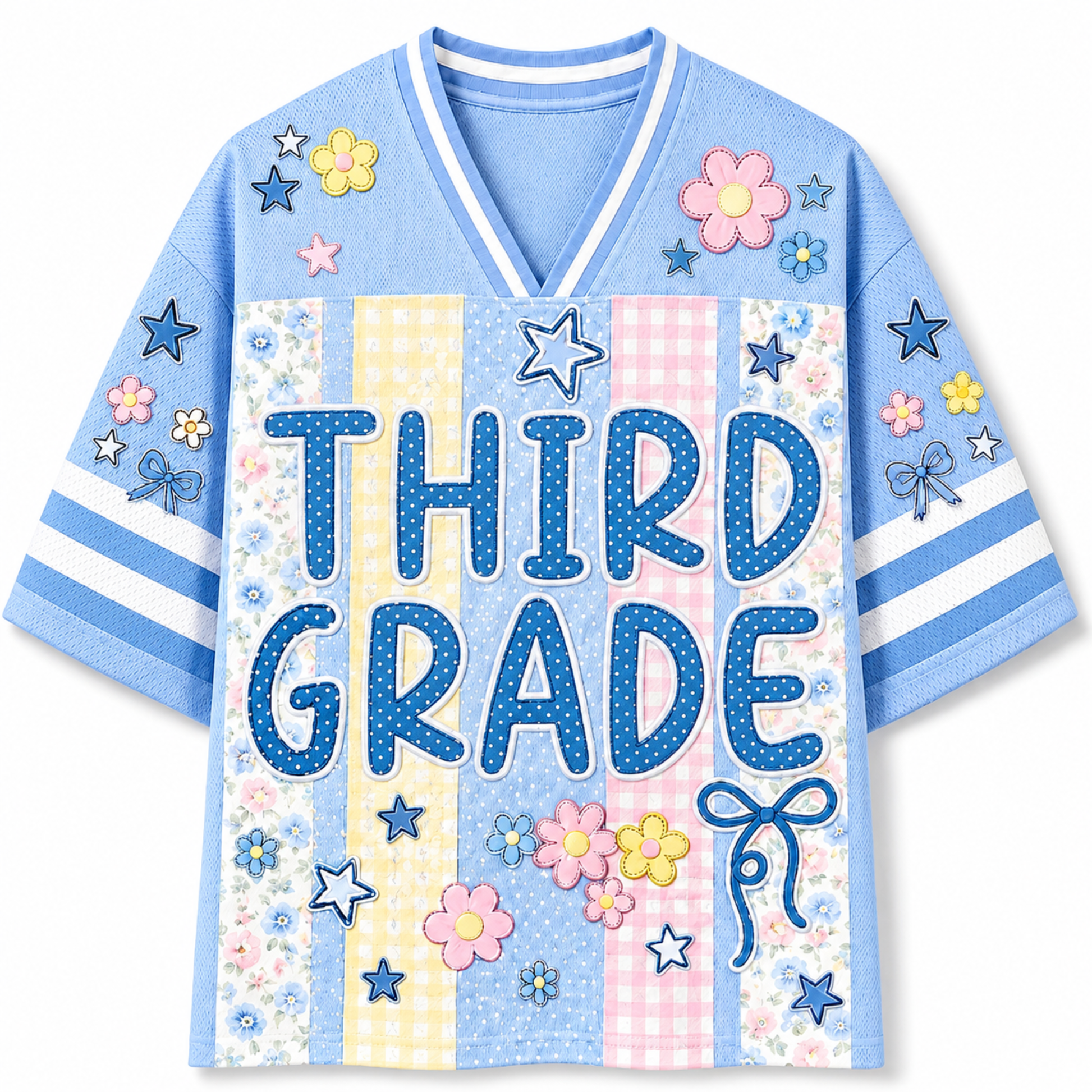 Front view of the light blue ChaoticClub Preppy School Grade Floral Pearl Striped Mesh Jersey, featuring bold dotted "THIRD GRADE" text on a background of pastel yellow gingham, pink gingham, and floral stripes, decorated with cute flower and star graphics.