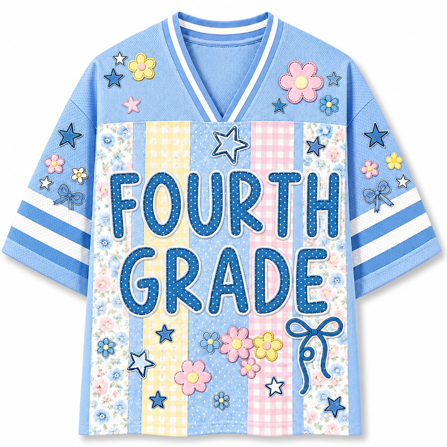 Front view of the light blue ChaoticClub Preppy School Grade Floral Pearl Striped Mesh Jersey, featuring bold dotted "FOURTH GRADE" text on a background of pastel yellow gingham, pink gingham, and floral stripes, decorated with cute flower and star graphics.